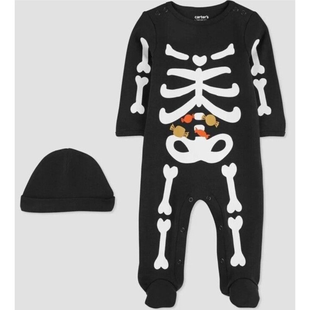 Carters Infant Skeleton Black Footed Pajamas With Matching Hat 3 Months Snaps
